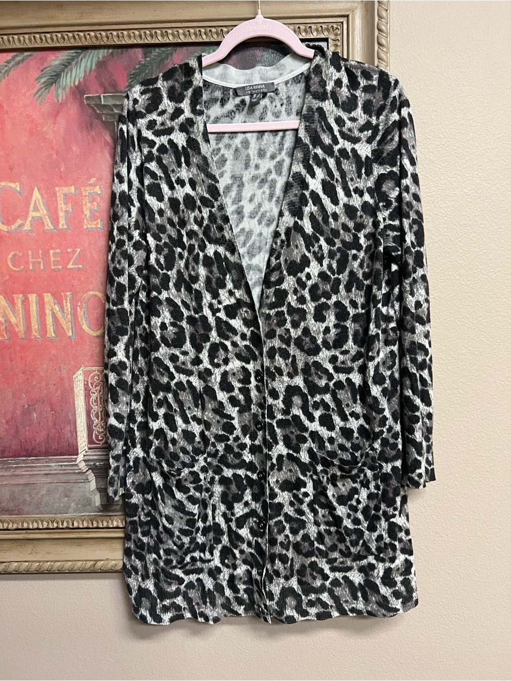 Lisa Rinna Collection Black and White Leopard Print Long Cardigan